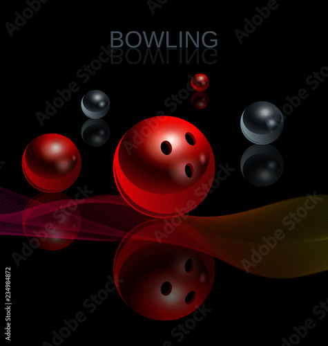Bowling. Skittles and a red ball with a mirror image on the glass. Night image. Realistic vector poster.