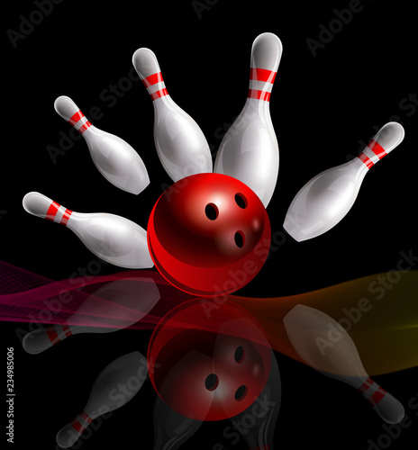 Bowling. Skittles and a red ball with a mirror image on the glass. Night image. Realistic vector poster.