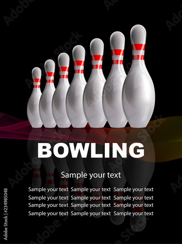 Bowling. Skittles and a red ball with a mirror image on the glass. Night image. Realistic vector poster.