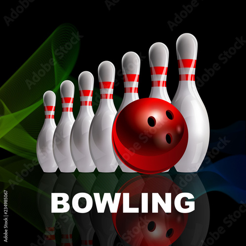 Bowling. Skittles and a red ball with a mirror image on the glass. Night image. Realistic vector poster.