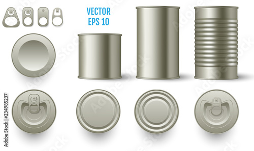 Realistic cylindrical tin mockup cans various height. Realistic 3d tin can mock up set. Top and side view. Vector illustration