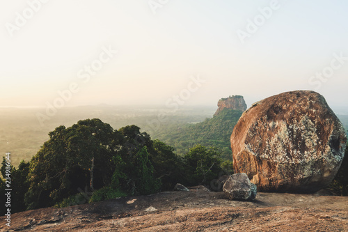 Incredible sunrise over Sigiriya Rock. Seen a top Pidurangala Rock, Sri Lanka