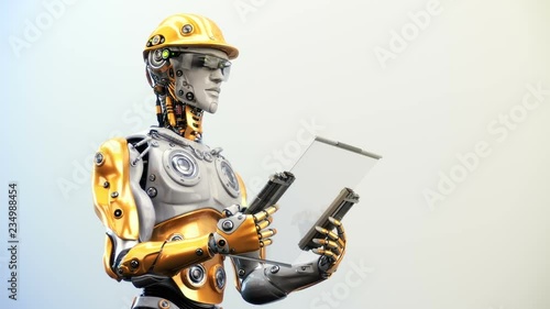 Intelligent AI robot man looking to the tablet and tapping on it, 3d rendering