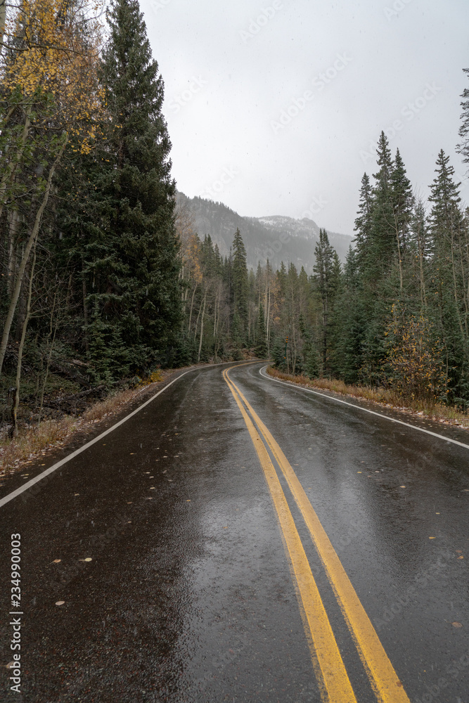 A paved mountain road cuts through evergreen forest and yellow and orange aspens of autumn as the moody first snow descends on the mountains