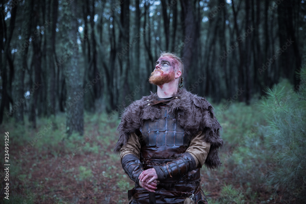 viking with red beard with armor shield and sword in the battle field