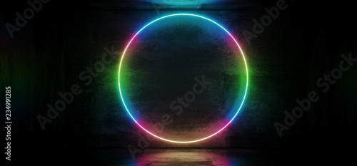 Dark Black Grunge Concrete Futuristic Modern Sci Fi Elegant Room With Circle Shaped Gradient Green Pink Blue Neon Glowing Tube With Reflection 3D Rendering