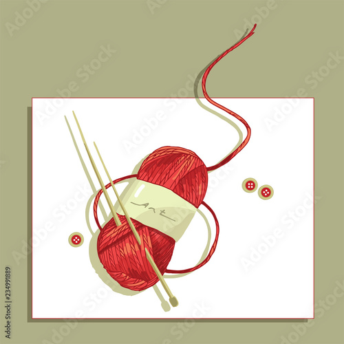 A string of thread for knitting. Threads, buttons and knitting needles. Creative supplies. Items for hobby.