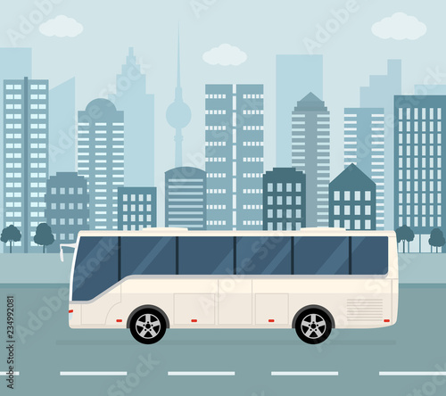 White bus on city background. Concept of public transport. Flat style vector illustration. © alazur