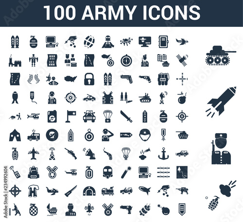 100 Army universal icons set with Explosion, Soldier, Missile, Tank, Jet, Bomb, Dynamite, Gun, Medal, Plane