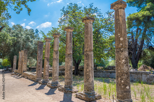 Gymnasion or Palaestra in the archaeological site of Olympia in Greece. A training area for athletes for practice. In antiquity the Olympic Games were hosted every four years in Olympia from 776 BC