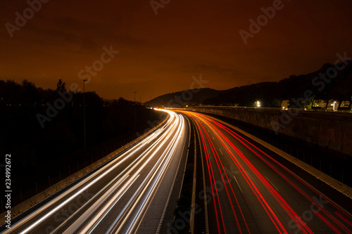 Commuting Traffic Light Trails in Highway at Night Close to Barcelona (Spain)