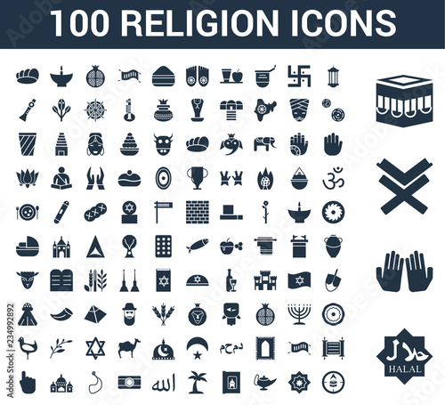 100 Religion universal icons set with Halal, Dua Hands, Reading Quran, Kaaba Mecca, Islamic Lantern, Arabic Art, Genie Lamp, Holy Palm Tree Date, Allah Word