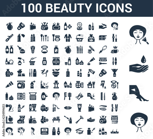 100 beauty universal icons set with Face, Legs, Moisturizer, Make up, Face cleanser, Cream, Oil, Eye, mask, Nail polish