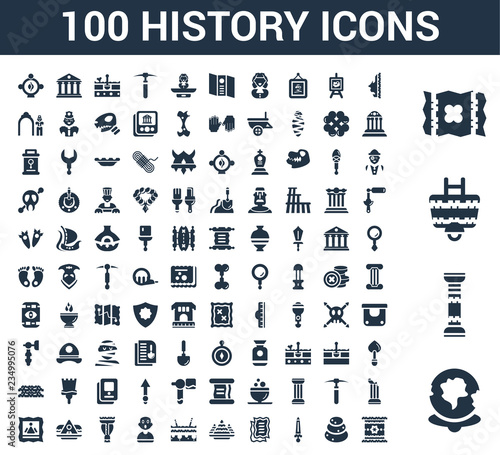 100 History universal icons set with World, Pillars, Cart, Map, Face, Stone, Sword, Old paper, Egypt, Fossil