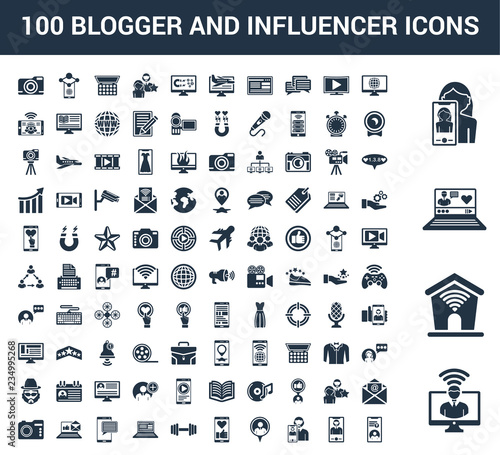 100 Blogger and influencer universal icons set with Influencer, Home, Vlogger, Selfie, Computer, Follower, Like, Weights