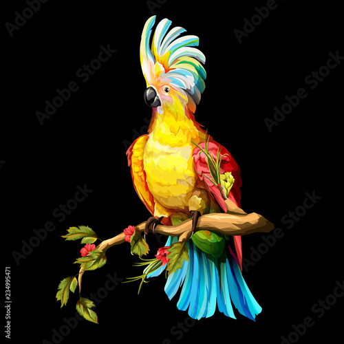 Illustration of parrot cockatoo on the tropical branches with leaves. Hand drawn, vector stock.