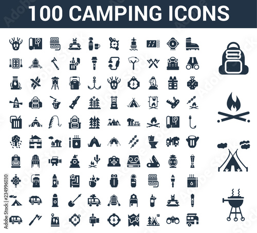 100 Camping universal icons set with Bbq, Tent, Fire, Backpack, Boot, Binoculars, Map, Compass, Tissue