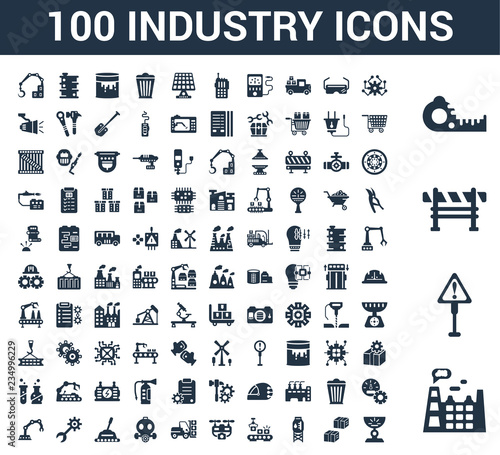 100 Industry universal icons set with Factory, Danger, Barrier, Measuring tape, Artificial intelligence, Boxes, Water tank, Conveyor, Drone, Forklift
