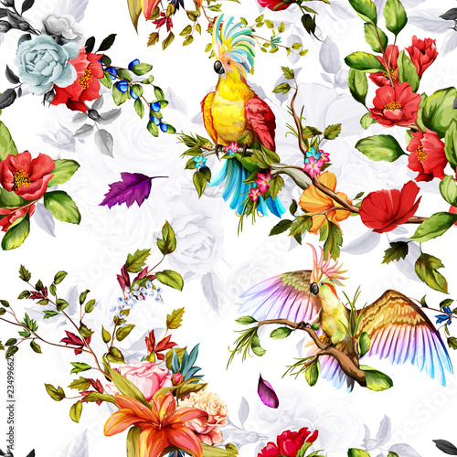 Seamless pattern of parrots cockatoo on the tropical branches with leaves and flowers on white. Hand drawn, vector - stock.