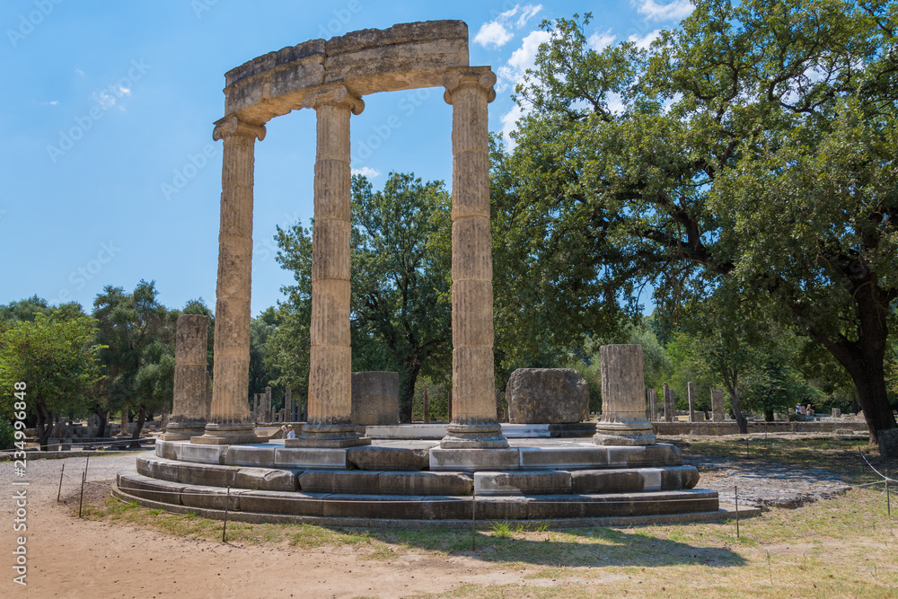 The Philippeion monument in the archaeological site of Olympia in Peloponnese Greece. In antiquity the Olympic Games were hosted every four years in ancient Olympia from 776 BC