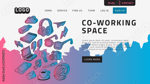 Co Working Coworking Space Desktop Landing Page For Web Website Template Design Example Front End With Hand Drawn Sketchy Line Art Drawings Illustrations Of Essential Related Objects Vector Graphic