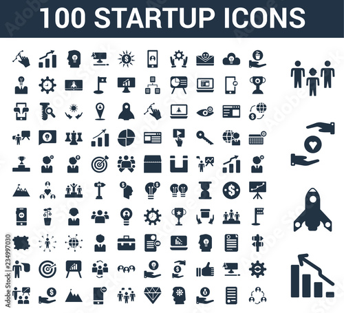 100 startup universal icons set with Bar chart, Startup, Care, Team, Sprout, Handshake, Money bag, Management, Diamond, Group