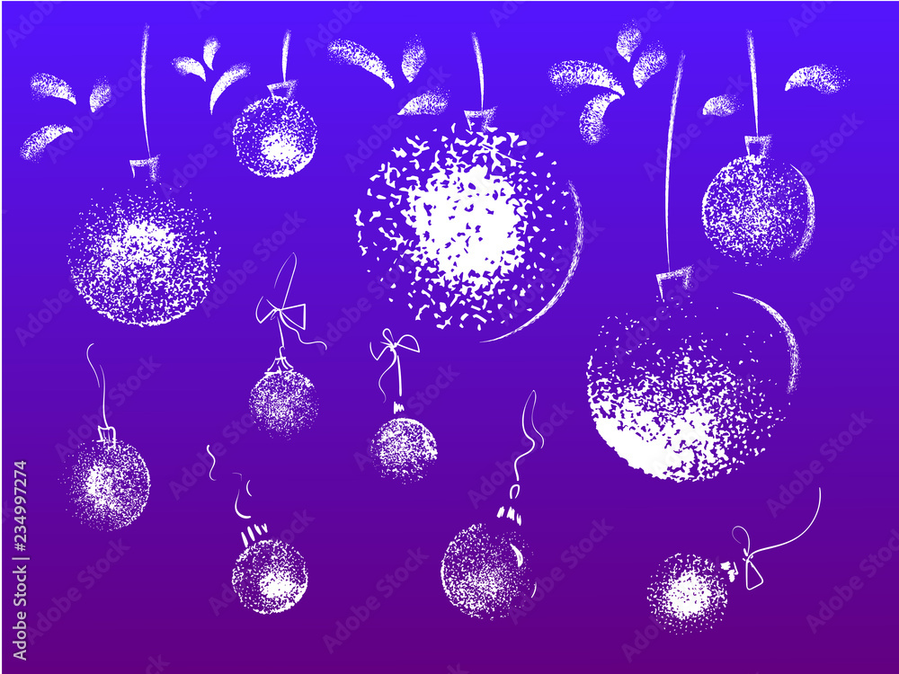 Christmas white grungy ball toys set hanging on blue background Christmas white grungy ball toys set hanging on blue background
