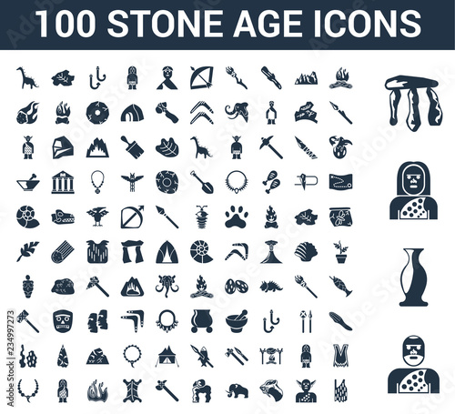 100 Stone Age universal icons set with Troglodyte, Pottery, Dolmen, Bonfire, Saber toothed tiger, Mammoth, Axe