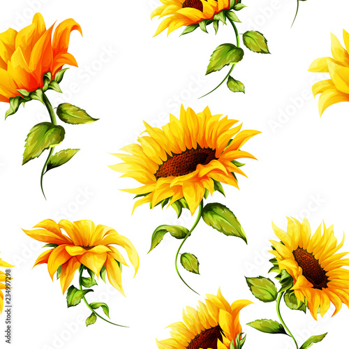 Seamless pattern of sunflowers on white. Hand drawn. Watercolor. Vector - stock