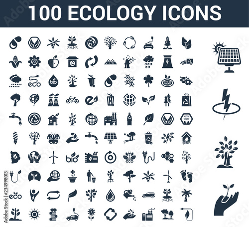 100 ecology universal icons set with Plant on a hand, Tree many leaves, Energy, Solar Two Forest, Factory, tree, Reload, Flower