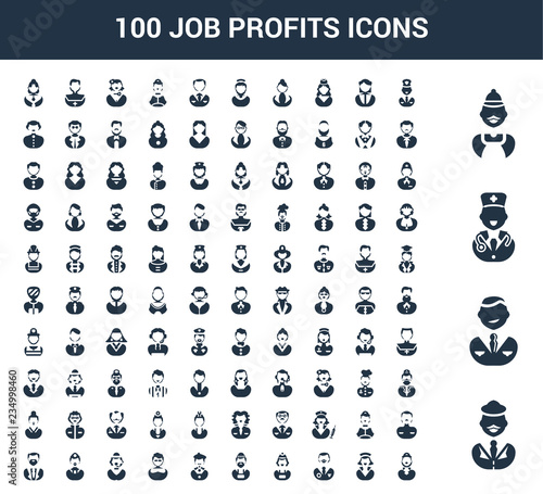 100 Job Profits universal icons set with Driver, Businessman, Doctor, Clerk, Police, Burglar, Artist