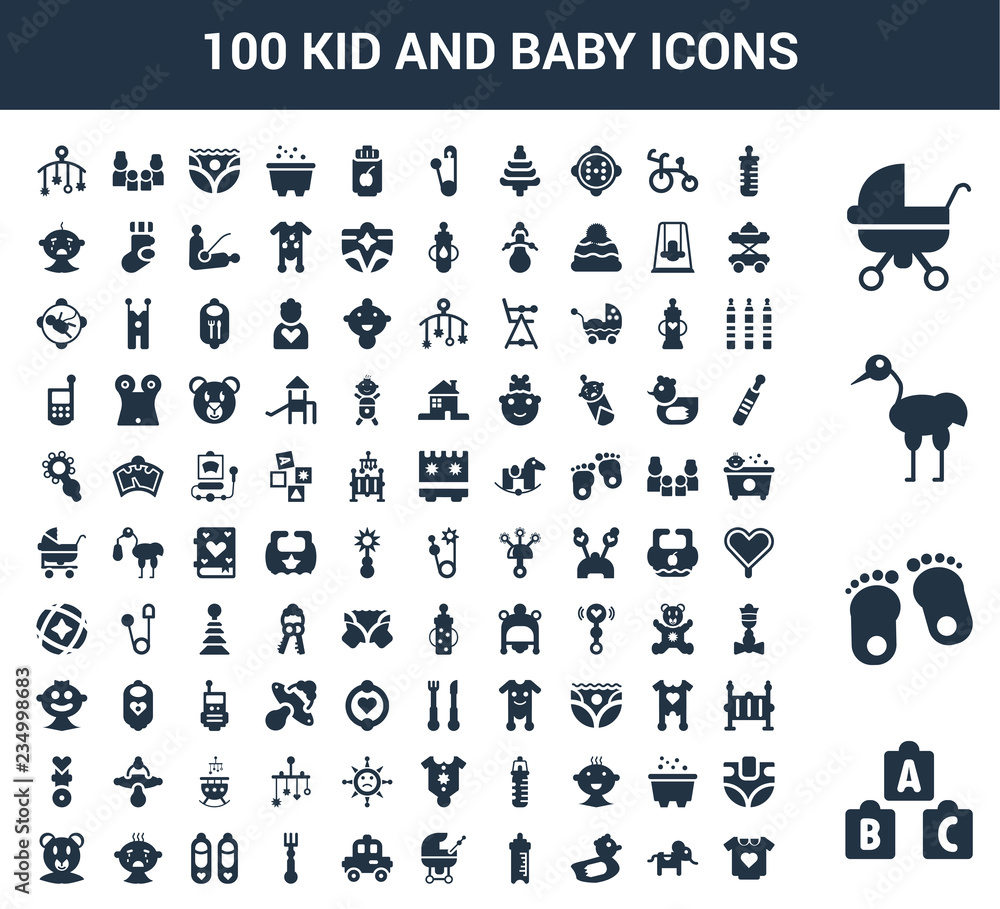 100 kid and baby universal icons set with Cubes, Footprints, Stork, Baby Carriage, Feeding Bottle, Elephant, Rubber Duck, Car 100 kid and baby universal icons set with Cubes, Footprints, Stork, Baby Carriage, Feeding Bottle, Elephant, Rubber Duck, Car