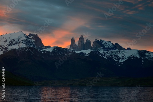 Torres del Paine at sunset with clouds, Laguna Azul, Torres del Paine National Park, Ultima Esperanza Province, Chile, South America photo