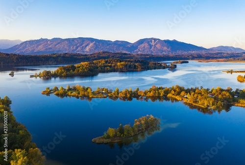 Lake Staffelsee with Gradeninsel, Buchau and Worth islands, drone shot, Bavarian Alpine foothills, Upper Bavaria, Bavaria, Germany, Europe photo