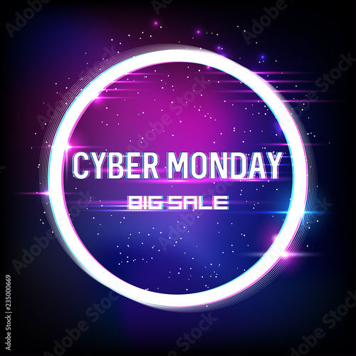 Banner for cyber monday big sale with neon and glitch effects. Cyber Monday, online shopping and marketing concept. Poster design. Vector illustration.