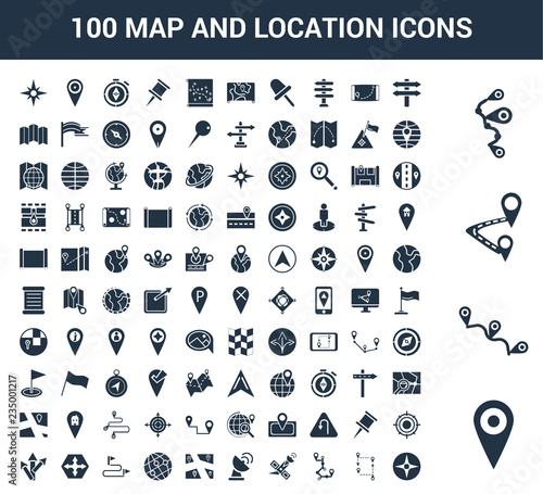 100 map and location universal icons set with Placeholder, Route, Directions, Satellite, Radar, Map