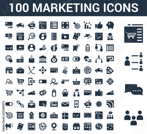 100 marketing universal icons set with Audience, Conversation, Community, Web Shop, Pig Bank, Sale, Rating, Bag, Location