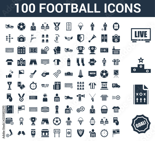 100 Football universal icons set with Goal, Strategy, Podium, Television, Soccer field, Stopwatch, player, club, App, Scoreboard