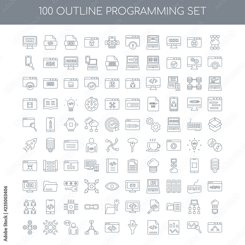 100 programming outline icons set such as Cloud computing linear 100 programming outline icons set such as Cloud computing linear