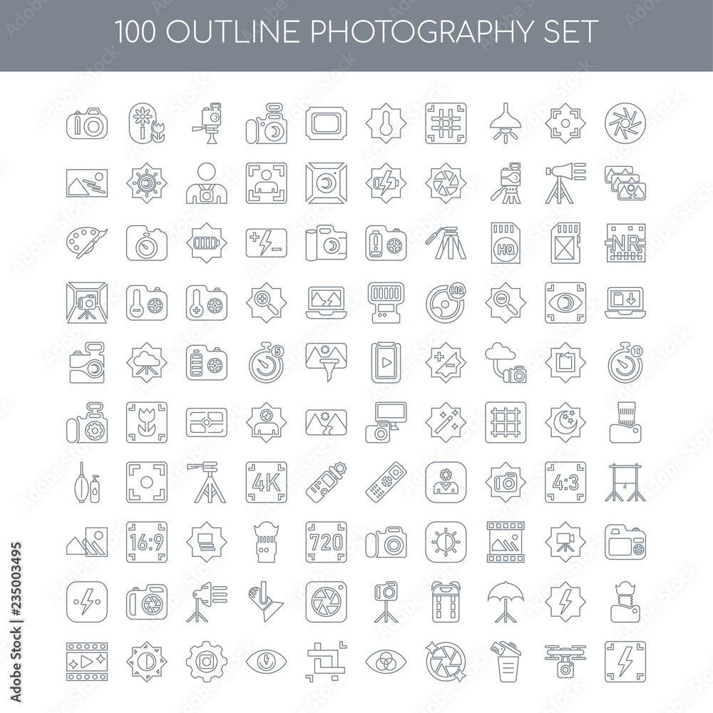 100 Photography outline icons set such as Aperture linear, Drone 100 Photography outline icons set such as Aperture linear, Drone