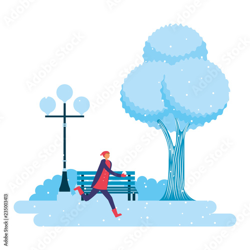 man playing with ball snow park winter scenery