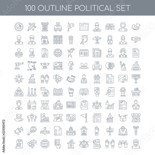 100 Political outline icons set such as Handshake linear, Debate