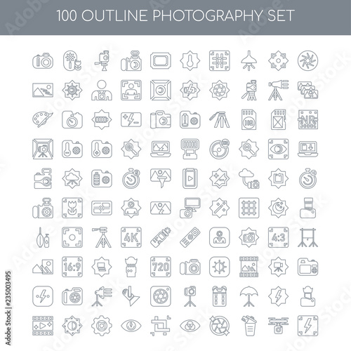 100 Photography outline icons set such as Aperture linear, Drone