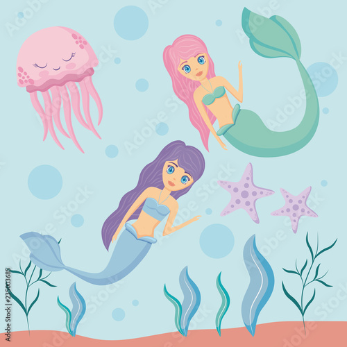 cute sirens with octopus and starfish