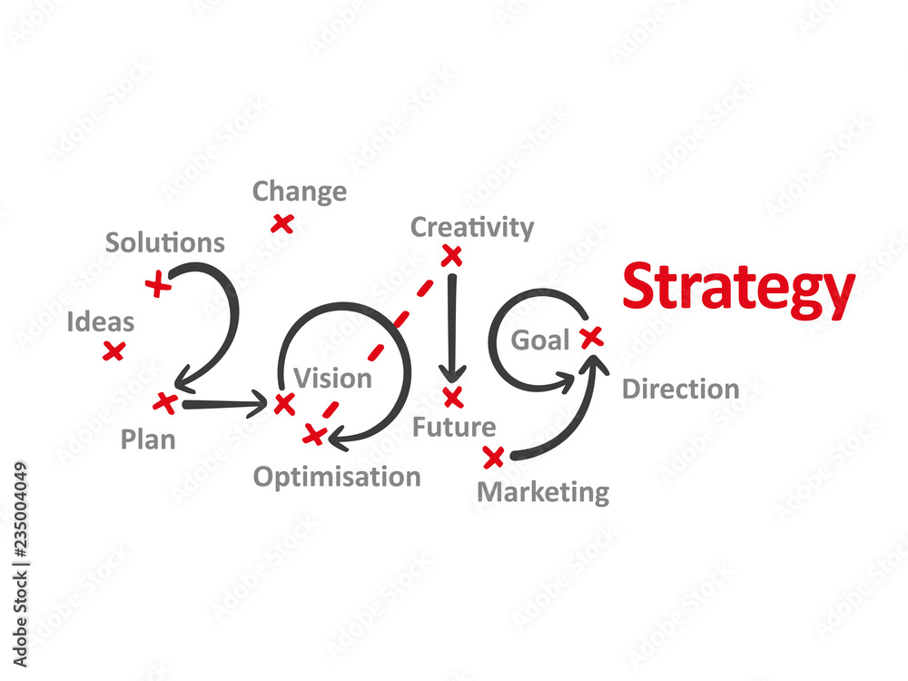 Strategy New Year 2019 word cloud red marks white background vector