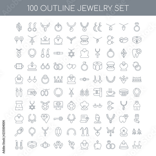 100 jewelry outline icons set such as Ring linear, Crown Engagem