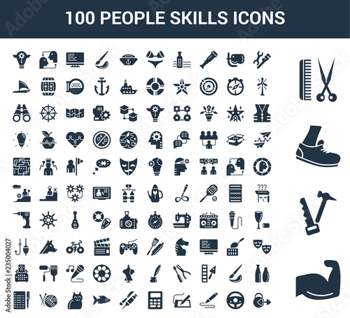 100 People Skills universal icons set with Body Building, Carpenter, Runner, Barber, Plumber, Chauffer, De, Graphic Accountant, Doctor