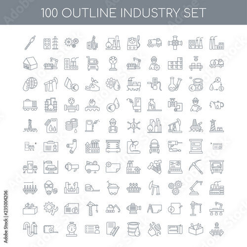 100 industry outline icons set such as Factory linear, Tools Pla