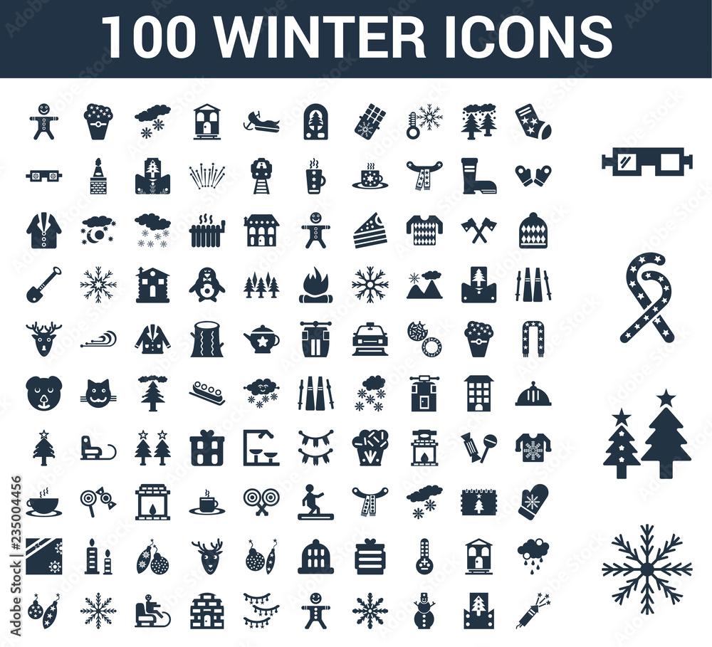 100 winter universal icons set with Snowflake, Christmas tree, Candy cane, Safety glasses, sock, card, Snowman, Gingerbread man, Lights