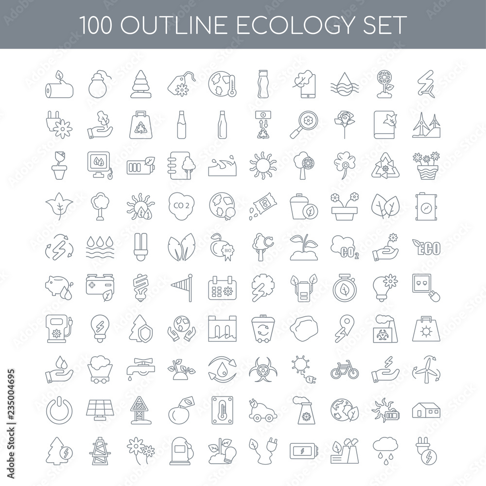 100 Ecology outline icons set such as Renewable energy linear, R